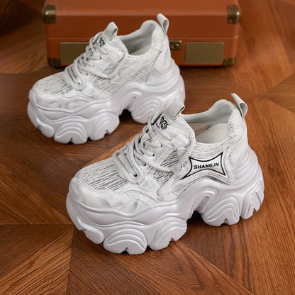 AUTUSPIN 10cm Pink Thick Soled Shoes for Summer Women Breathable Lace-up Ladies Sneakers Outdoor Casual Fashion Platform Shoes.