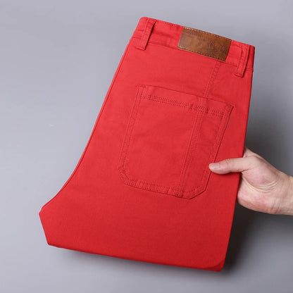 Spring and Autumn Men's Multi-Pocket Design Jeans Fashionable and Versatile White Khaki Red Comfortable Stretch Denim Pants