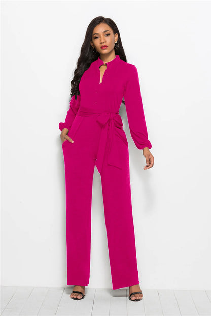 Temperament Solid Color Slim Jumpsuits Women Fashion Long Sleeve Buttons High Waist Leace-up Jumpsuit Ladies Commuting Clothing.