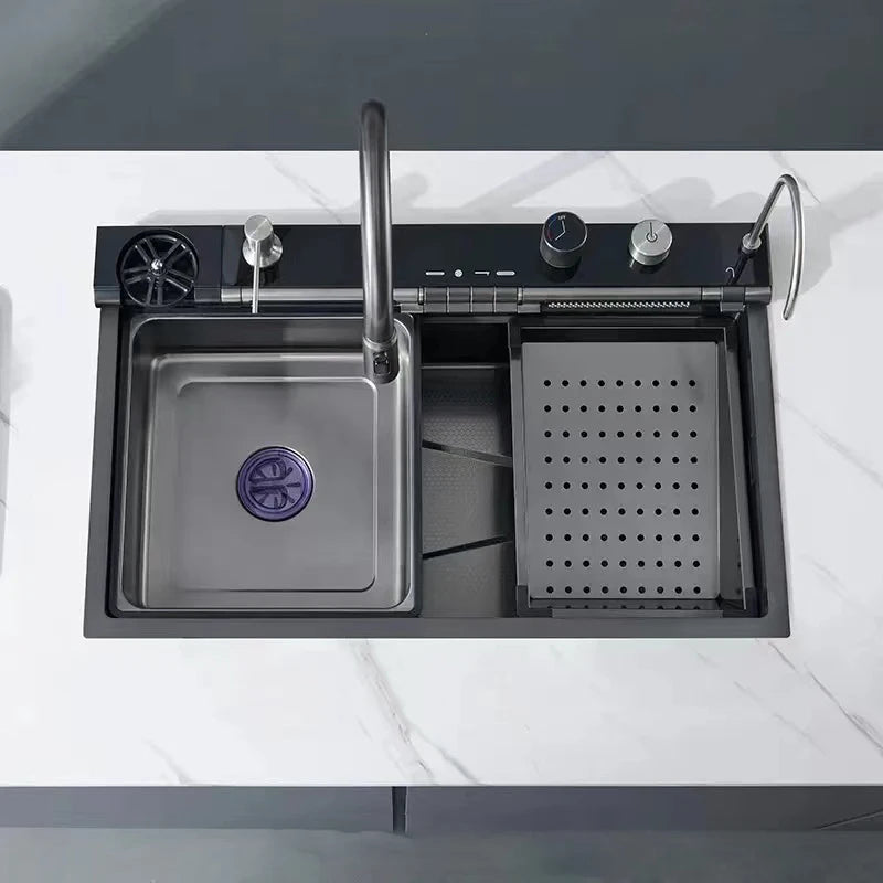 Stainless Steel Kitchen Waterfall Sink Embossed Digital Display Large Single Slot All-in-one Faucet Multi-functional Wash Bain