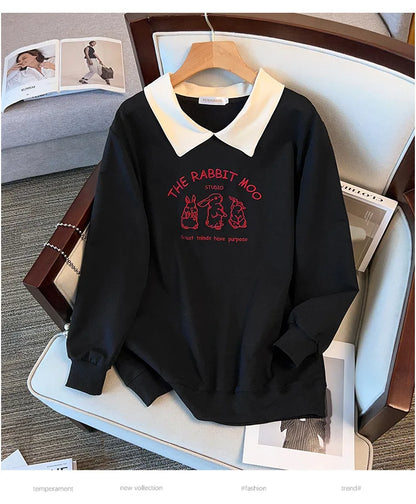 175kg plus size Damen büste Frühling Herbst loser Polo kragen Kaninchen besticktes Sweatshirt schwarz weiß 5xl 6xl 7xl 8xl 9xl