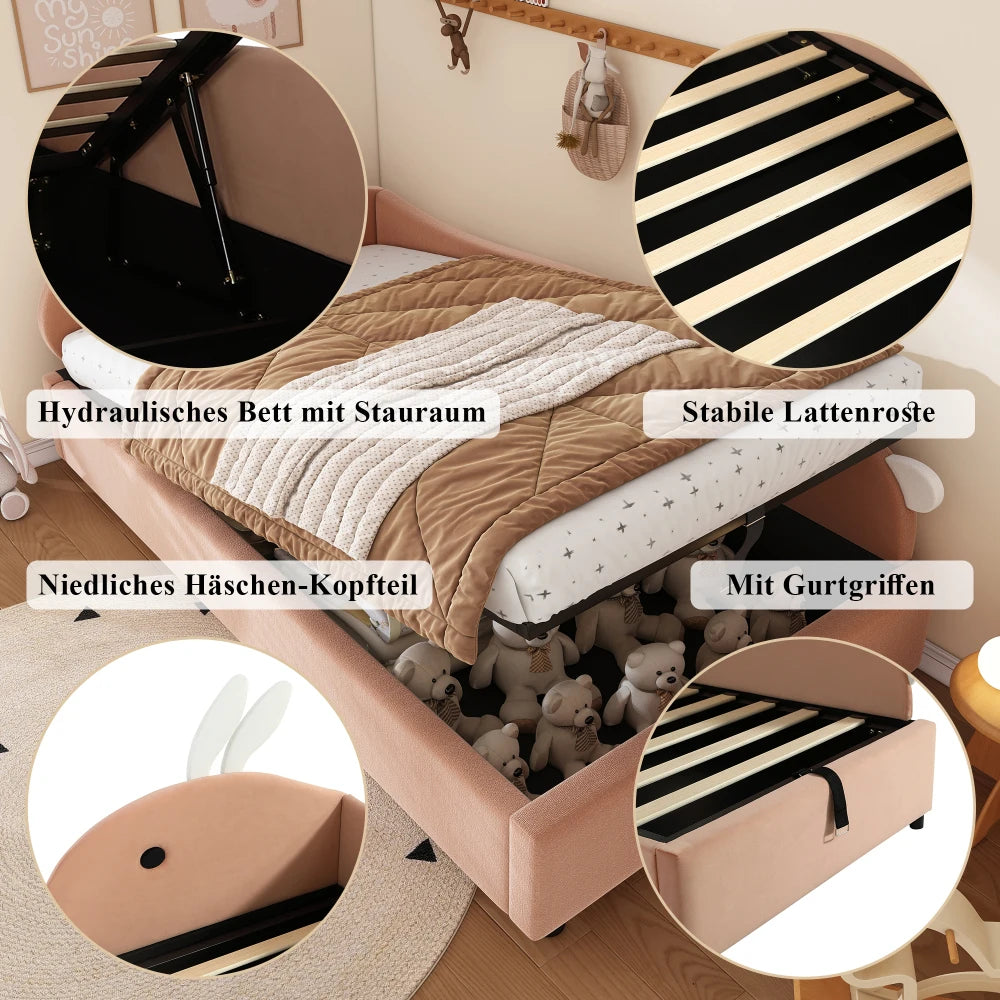 Polsterbett, Einzelbett, Babybett, niedlicher Hasenkopf, hydraulisches Bett mit Stauraum, erhöhter weicher Zaun, Samt, rosa + weiß, 90 x 200 cm