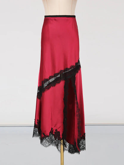 GALCAUR Hit Color Sheer Spliced Lace Elegant Skirts for Women High Waist Patchwork Split Temperament Skirt Female Fashion Style