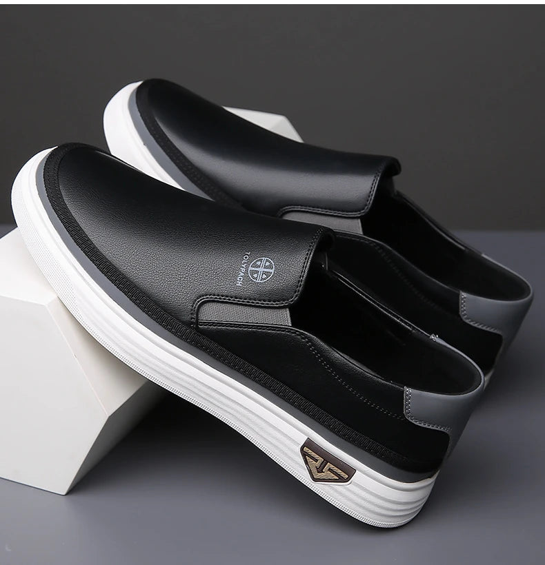 New 2025 Men's Genuine Leather Casual Sneakers Spring Summer Fashion Slip-On White Shoes Soft Sole Comfortable for Everyday Wear.