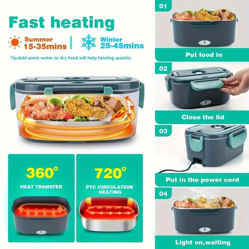 2-In-1 Electric Heating Lunch Box Car+Home 220V 1.5L 60W Portable Stainless Steel Liner Bento Lunchbox Food Container Bento Box.