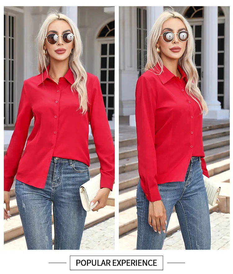 1pcs Woman Spring Autumn Solid color Shirts Lady Casual Long Sleeve Turn-down Collar Loose Shirt Female Fashion Temperament Tops.