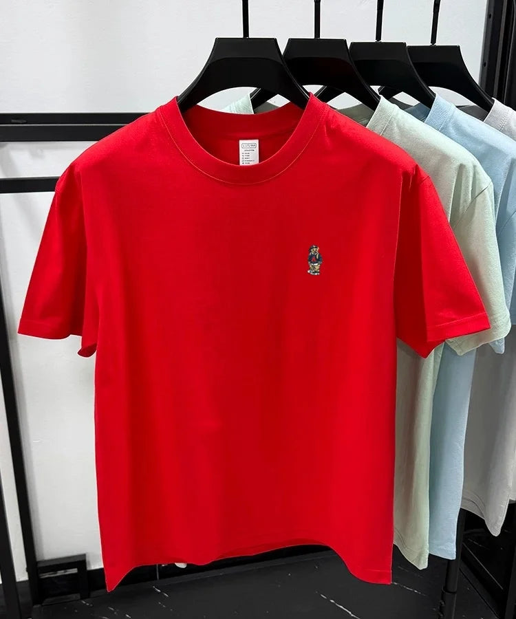 Light luxury 100% cotton men's T-shirt short sleeve round neck skin friendly comfort fashion brand cartoon bear embroidered top.