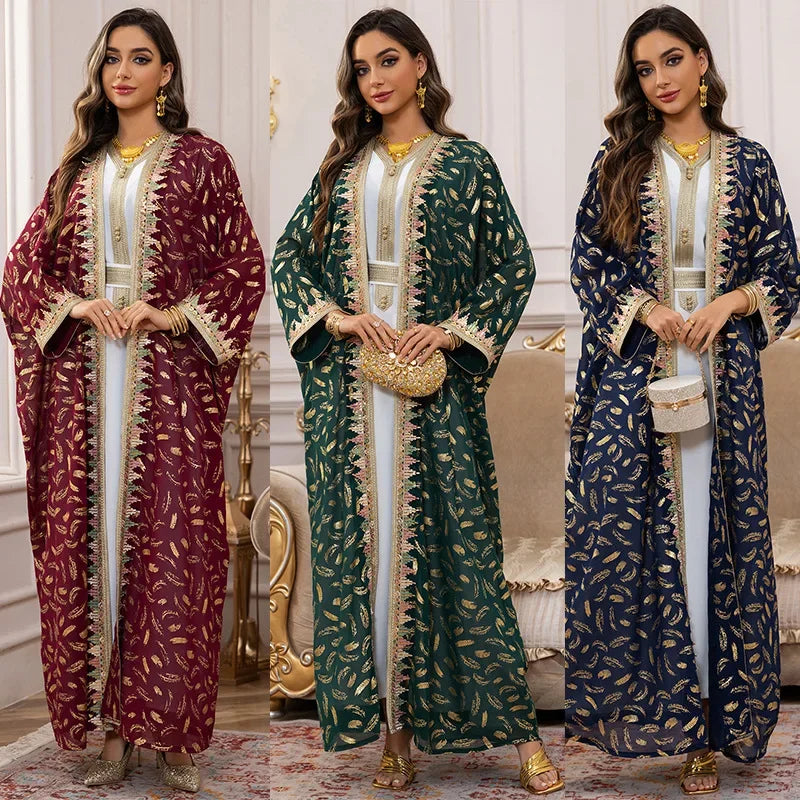 Muslim Abaya 3 Piece Set Women Party Dresses Cardigan Robe Sashes Suit Bronzing Jalabiya Ramadan Morocco Dubai Kaftan Vestidos.