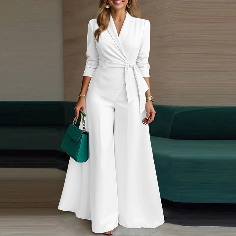 ZANZEA Elegant 2 Pieces Pant Sets Long Sleeve Belted Lightweight Blazer & Wide Leg Pant 2pcs Suits Office Lady Commuting Sets.