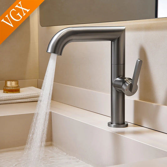 VGX Bathroom Faucets Stainless Steel Basin Mixer Sink Faucet Gourmet Washbasin Tapware Hot Cold Water Tap Brushed Gold Grey
