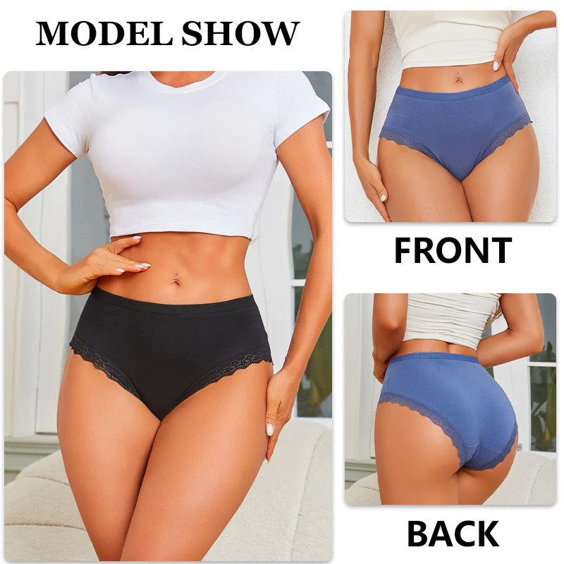 FINETOO 5Pcs Women Cotton Lace Underwear Sexy Seamless Breathable Panties Plus Size Mid-Waist Briefs Female Solid Soft Lingerie.