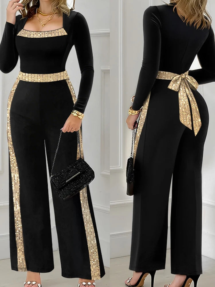 Sequin Bowknot Contrast Sequin Square Neck Long Sleeve Wide Leg Party Jumpsuit.