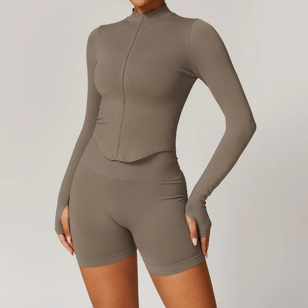 Ctenkevet Women Slim High Neck Jacket Sports Suit Female Two Piece Yoga Clothes Sport Outfit For Woman Buttock Lift Sports Suit