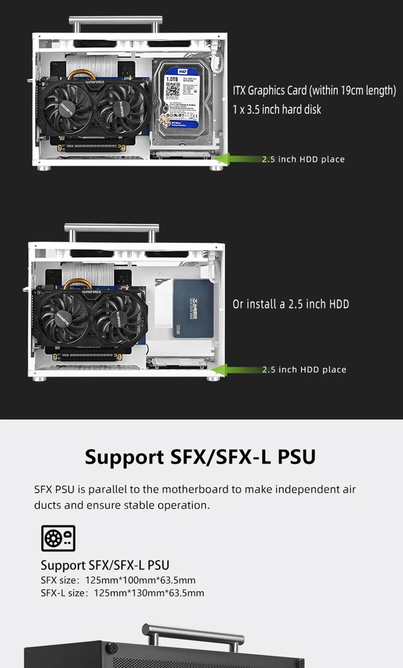 METALFISH T60 Mini ITX Black Case 9L Gaming Computer Chassis Compact transparent PC Support SFX PSU/300mm GPU.