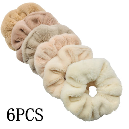 6pc Hair Scrunchies Furry Elastic Band Women Girl Ponytail Holder Rubber Ties Accessories Plush Faux Fur Soft Chiffon Headband.