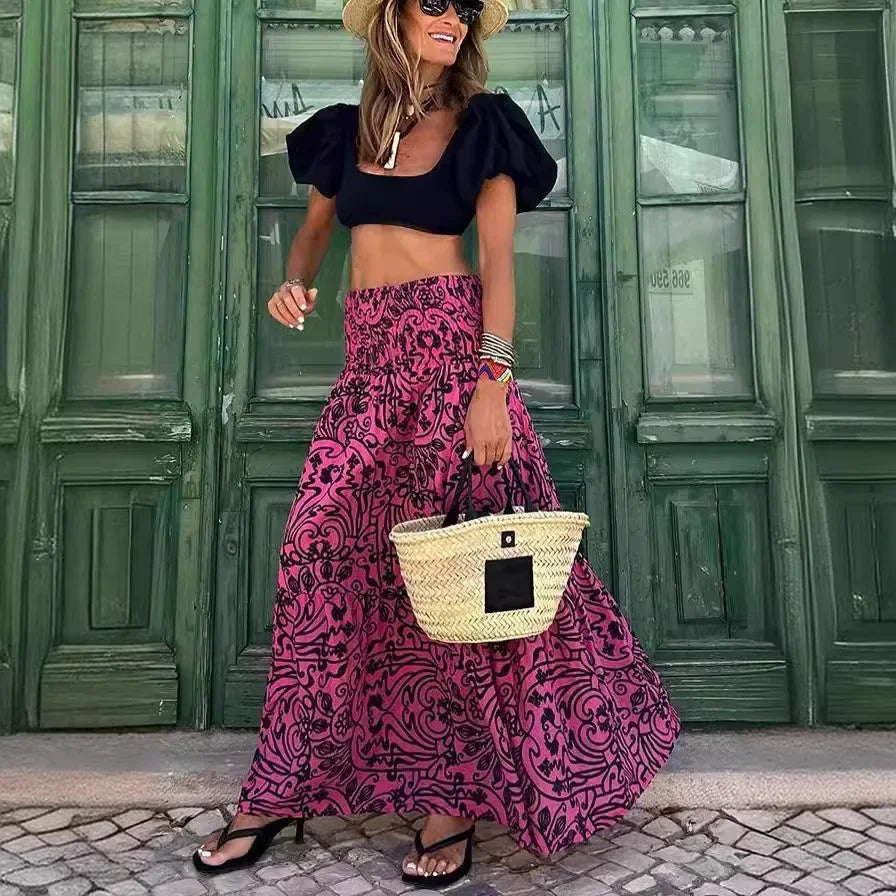 2025 Women's Skirt Elastic Waist Big Skirt Fashion Print High Street Vacation Beach Long Skirt for Female.