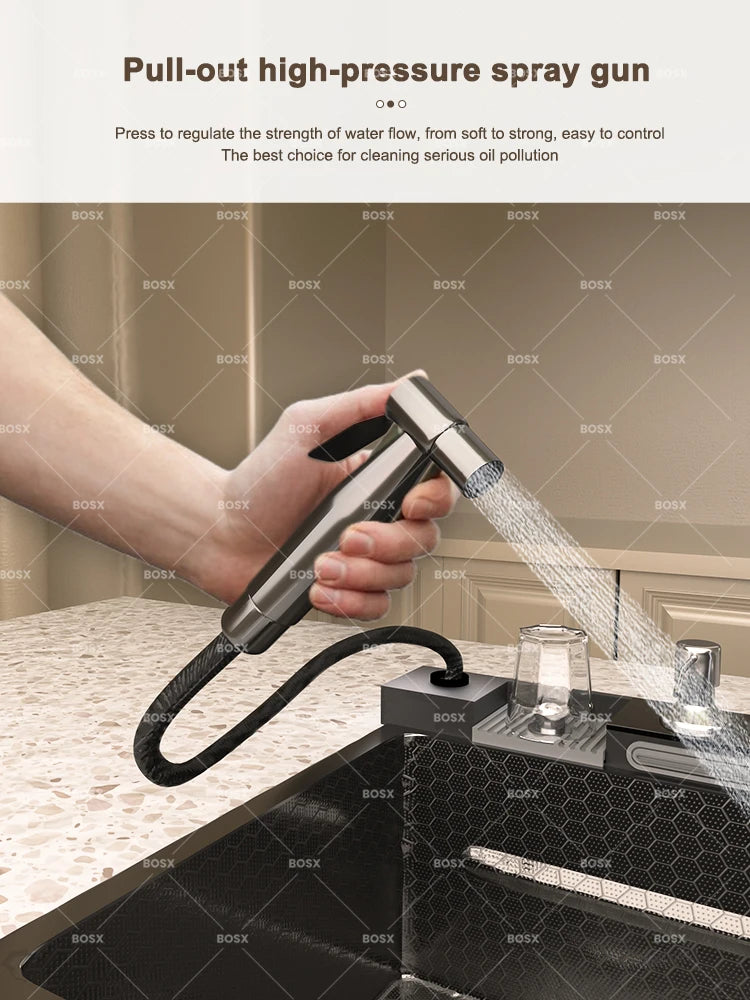 Küchenspüle, Wasserfall-Waschbecken aus Edelstahl, extra großer Einzelschlitz mit Digitalanzeige, Wasserhahn-Set für die Küche