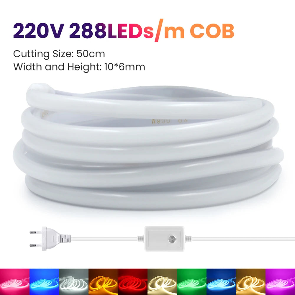 Dimmable COB LED Neon Light Strip 220V Dimmer Power Kit Waterproof 10 Colors 5m 10m 20m 30m 0.5m 288LEDs/m Flex Tube Lamp Decor.