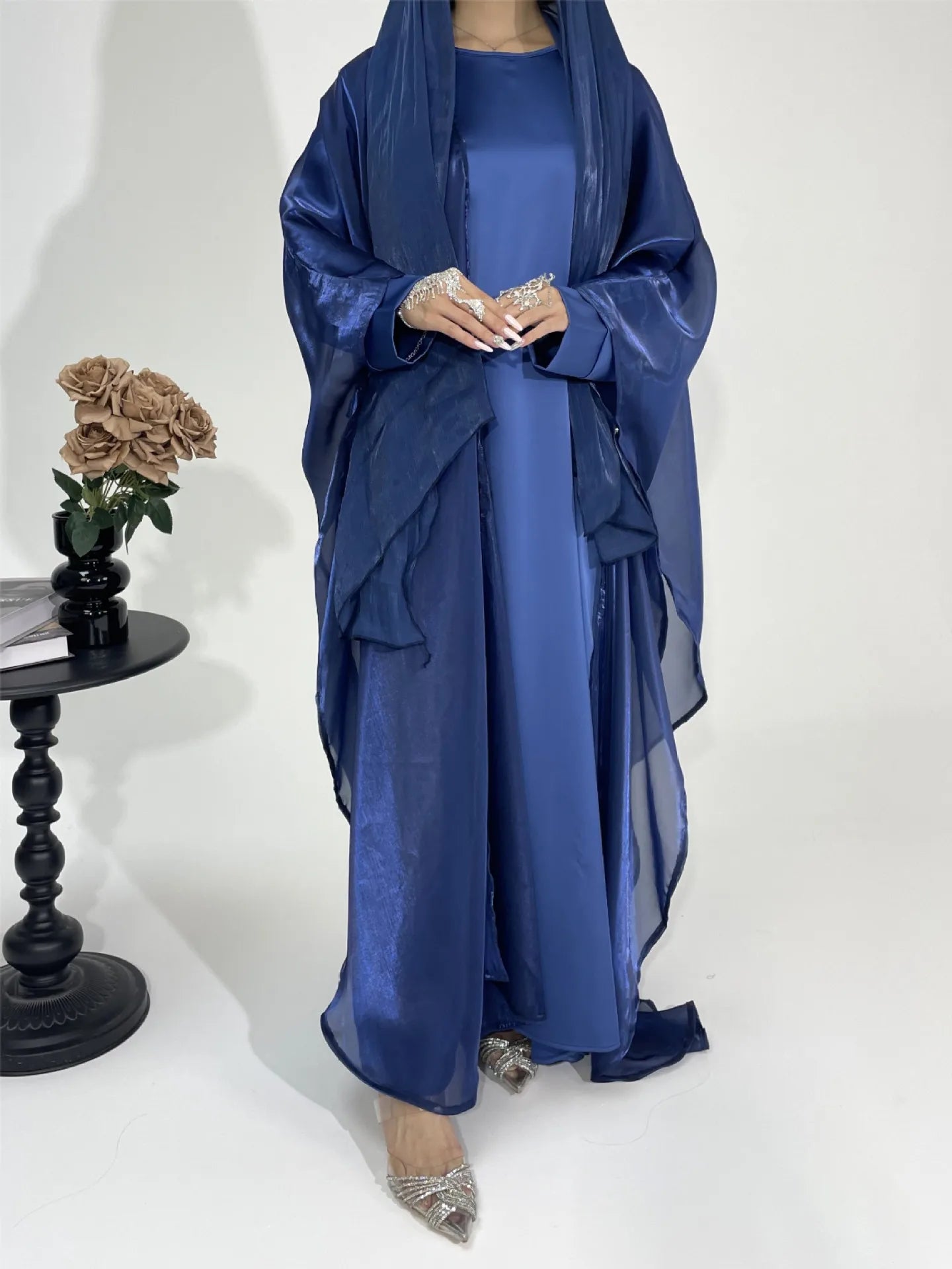 Muslim 2025 New Fashion Women's Solid Color Elegant Casual Trendy Loose 2 Piece Sets Long Sleeve Cardigan Coat Inner Dresses.