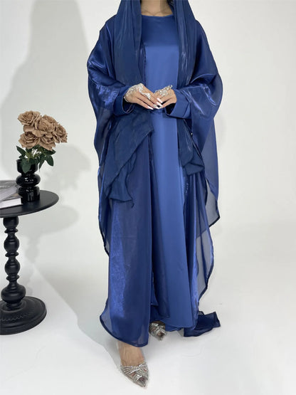 Muslim 2025 New Fashion Women's Solid Color Elegant Casual Trendy Loose 2 Piece Sets Long Sleeve Cardigan Coat Inner Dresses.