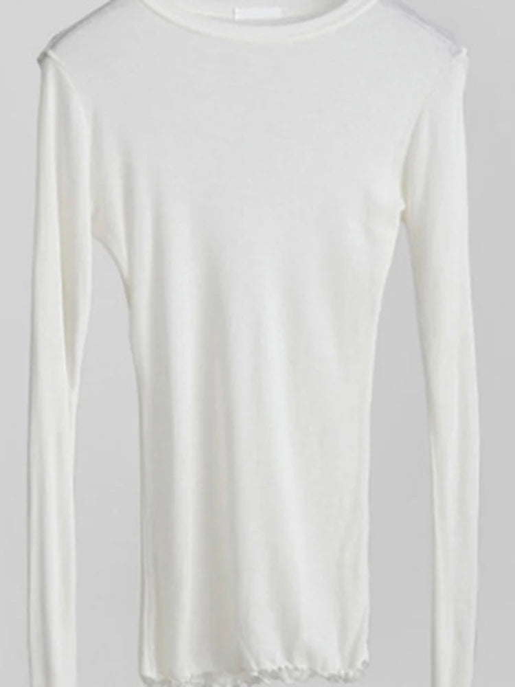 High Quality Plain T Shirt Women  Elastic Basic T-shirts Female Casual Tops Long Sleeve Sexy Thin T-shirt see through.