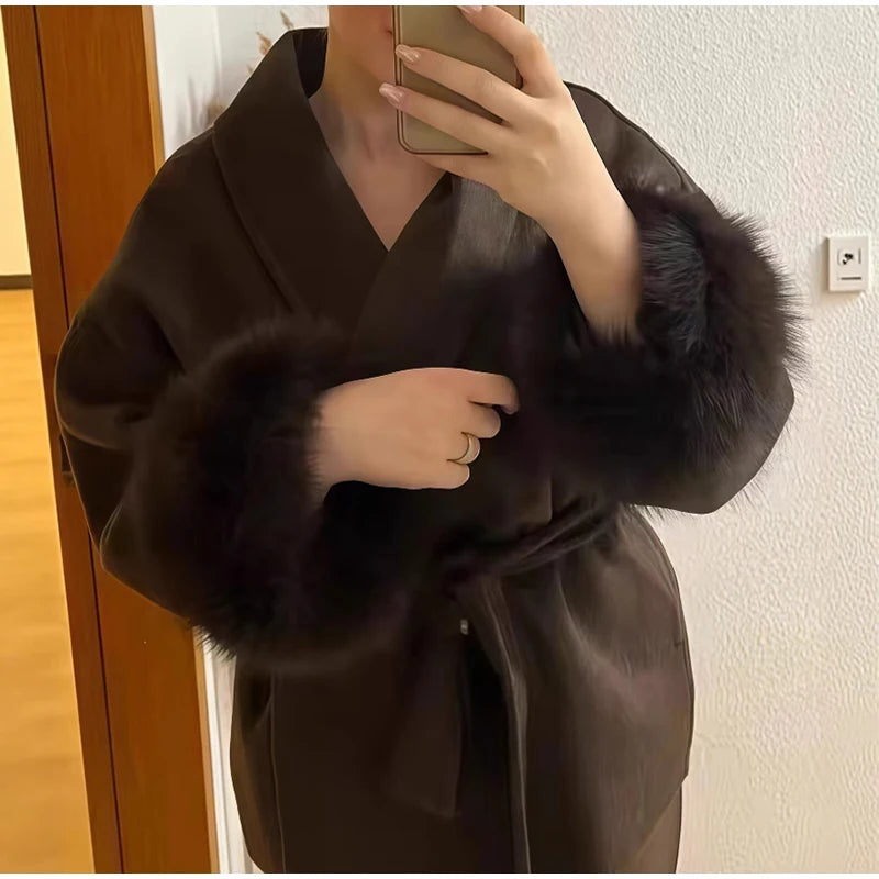 Frauen Mäntel Elegante Revers Plüsch Mit Gürtel Faux Pelz Hülse Tweed Offenen Mantel Weibliche 2025, Herbst Winter Mode Dame streetwear.