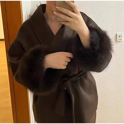 Frauen Mäntel Elegante Revers Plüsch Mit Gürtel Faux Pelz Hülse Tweed Offenen Mantel Weibliche 2025, Herbst Winter Mode Dame streetwear.