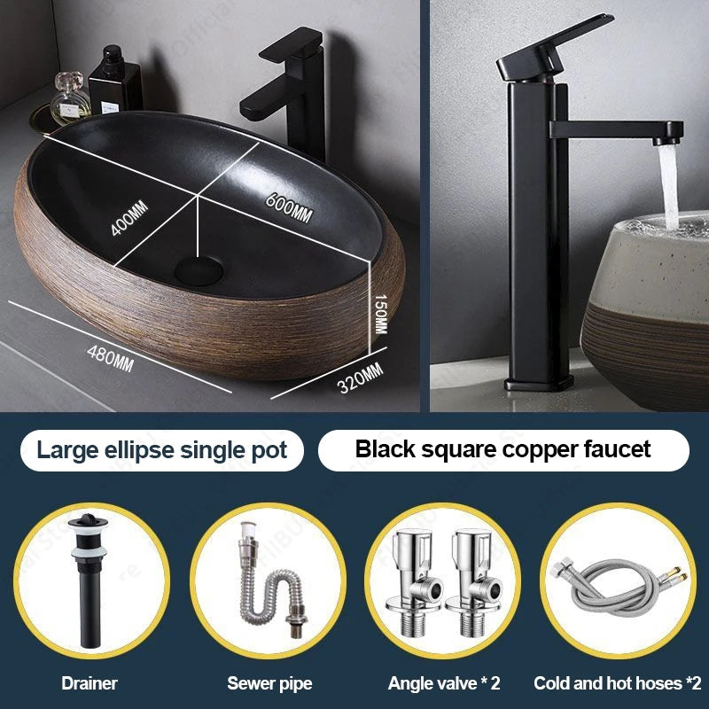 Braunes Porzellan-Keramik-Waschbecken über der Theke, Waschtisch, Schüsselbecken, Badezimmer, Sanitär, Balkon, Tisch, Waschbecken, Arbeitsplatte, ovales Waschbecken