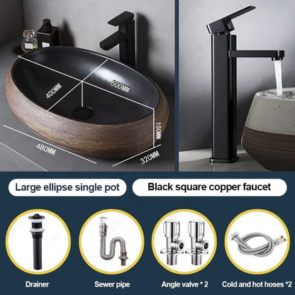 Braunes Porzellan-Keramik-Waschbecken über der Theke, Waschtisch, Schüsselbecken, Badezimmer, Sanitär, Balkon, Tisch, Waschbecken, Arbeitsplatte, ovales Waschbecken