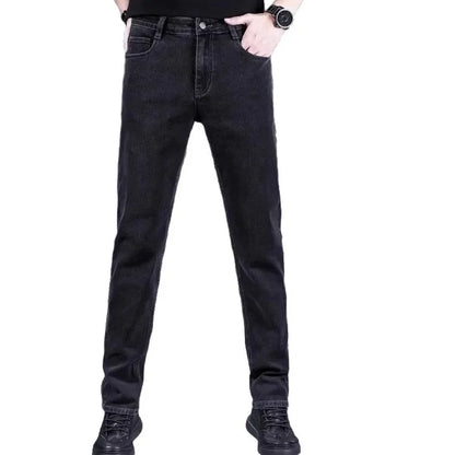 High-End Men's Fleece-Lined Thick Stretchy Straight Leg Jeans 2025 New Style Loose Fit Smoke Grey Trousers for Men.