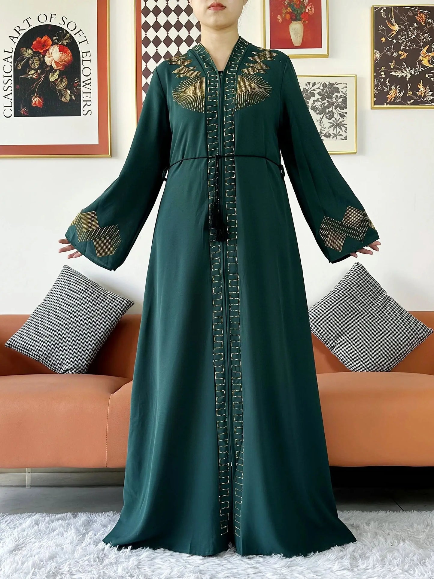 New Women Elegant Dress Chiffon Open Abaya with Zipper Muslim Women Dress Islamic Clothing Cardigan Abaya Women Muslim Dress.
