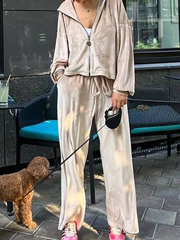 Women Autumn Hooded Coat Two Pieces Sets, Solid Patchwork Wide Leg Pants Chic Outfit, New Long Sleeve Casual Simple Ladies Suits.