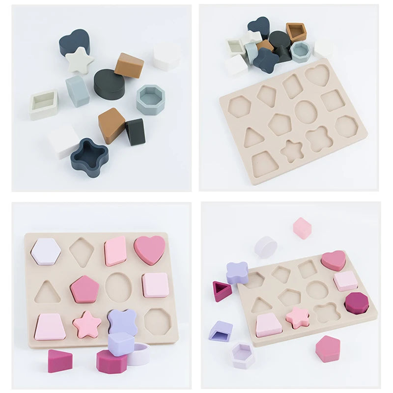 Montessori Baby Puzzles Silicone Toys Geometric Shape Jigsaw Board Matching Games Educational Learning Toys Food Grade Silicone.