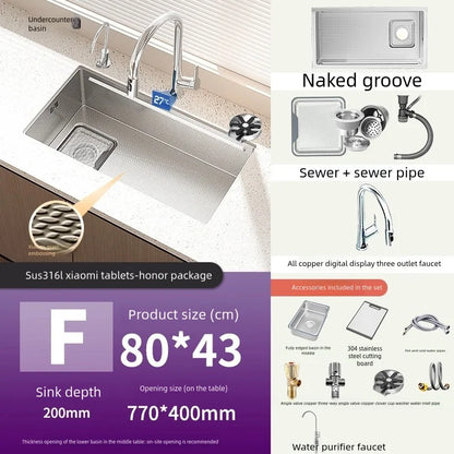 316L Stainless Steels Kitchen Sink Household Dish Vegetable Wash Basin Can be Installed On Either Side Large Single Slot