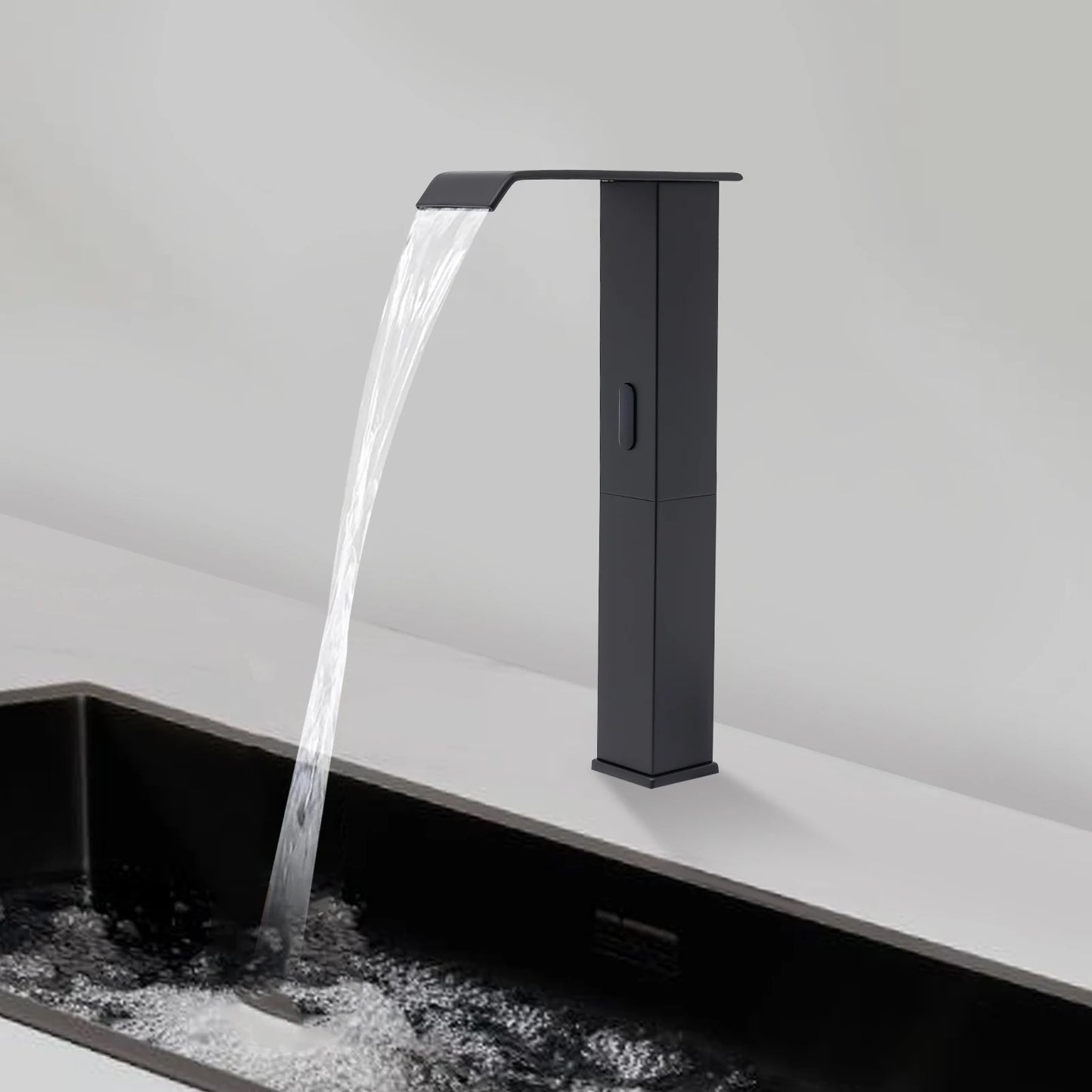 Touchless Sensor Faucet with Waterfall Spout, Adjustable Temperature Valve, Black Finish, Ideal for Kitchen and Bathroom Use