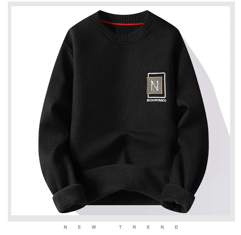 New Men's Fashion Sweater Autumn Winter Fleece Lined Clothes Thickened Pullover Crew Neck Knitted Pullovers Knitwear.