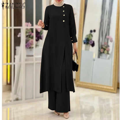 ZANZEA Muslim Abaya Suit Elegant Women Matching Sets Fashion Long Shirt Tops & Wide Leg Pants Ramadan Outfits Urban Tracksuits.