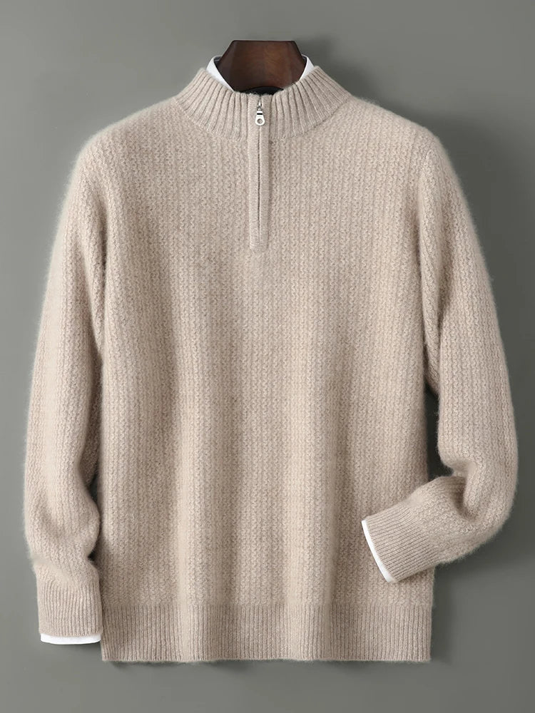 Men's 100% Merino Wool Thicken Sweater Half Zipper Mock Collar Pullover Autumn Winter Cashmere Knitwear Business Casual Clothing.