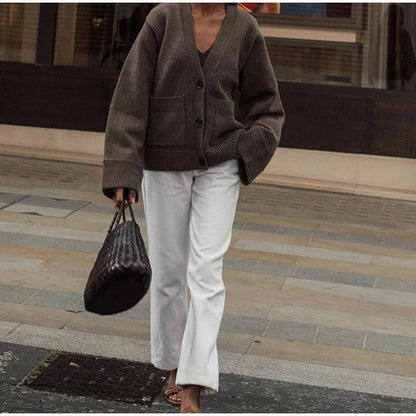 Damenjacke mit V-Ausschnitt, einfarbig, langärmelig, Strickjacke, modischer, lockerer, lässiger Pullover.