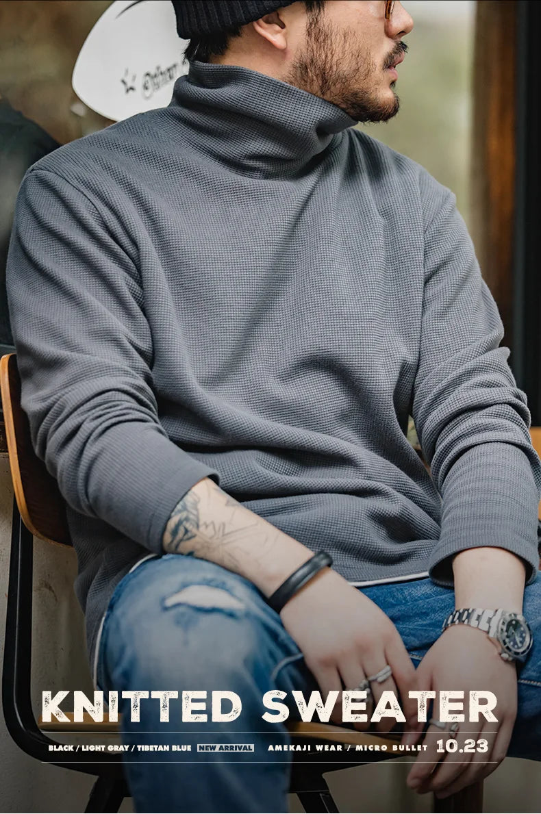 Maden Casual Gray Knitted Turtleneck Sweaters Men's Vintage 310g High Collar Waffle Pullovers Basic Fashion Black Warm Jumper.