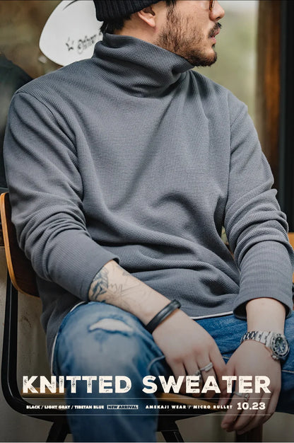Maden Casual Gray Knitted Turtleneck Sweaters Men's Vintage 310g High Collar Waffle Pullovers Basic Fashion Black Warm Jumper.