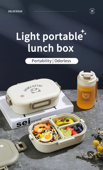WORTHBUY Portable Plastic Bento Lunch Box With 3 Removable Compartment Leak-proof Microwave Salad Food Container For Kids School.