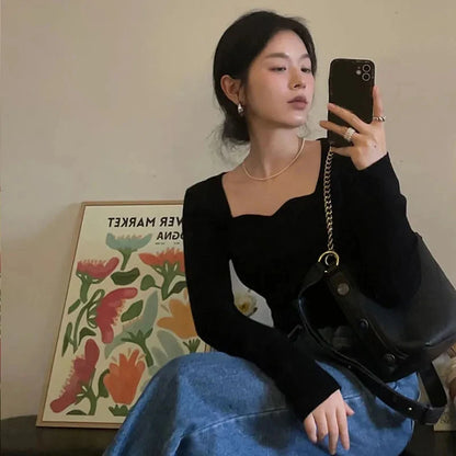 Gestrickte Pullover Frauen Vintage Solide Pullover Herbst Winter Koreanische Elegante Dünne Strickwaren Quadrat Kragen Alle Spiel Jumper Neue.