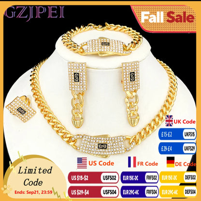 GZJPEI Monaco Chain 18K Gold Plated Cuban Chain Jewelry Set High Quality Necklace Bracelet 2025 New For Bridal Wedding Gift.