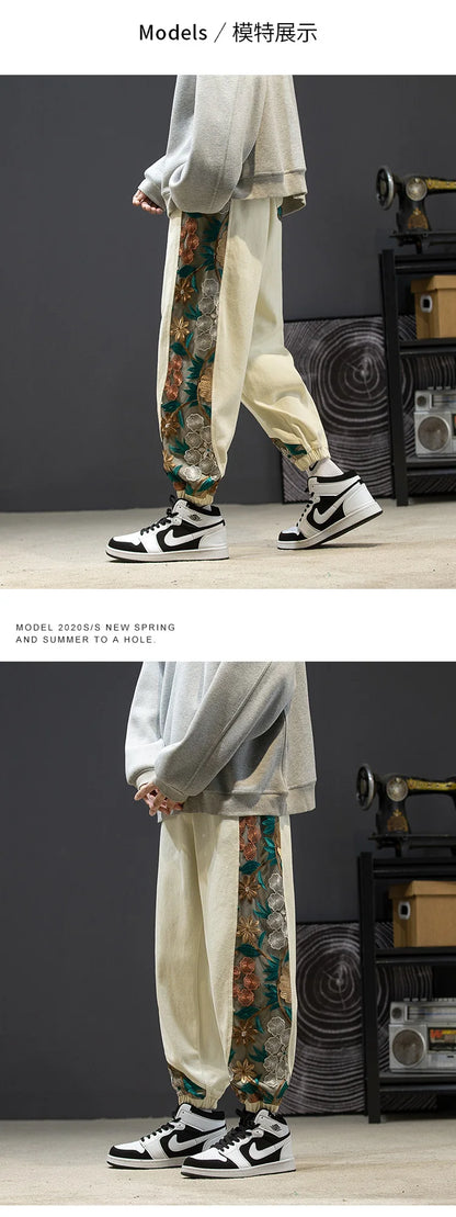 Fashion Casual Pants Men's Clothing Cotton Japanese Samurai Embroidery Patchwork Harem Trousers Oversized Harajuku Joggers Male.