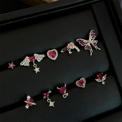 New Trendy Shiny Rose Red Color Zircon 316L Stainless Steel Ear Bone Nail Y2K Gothic Love Heart Small Earrings for Women Jewelry.