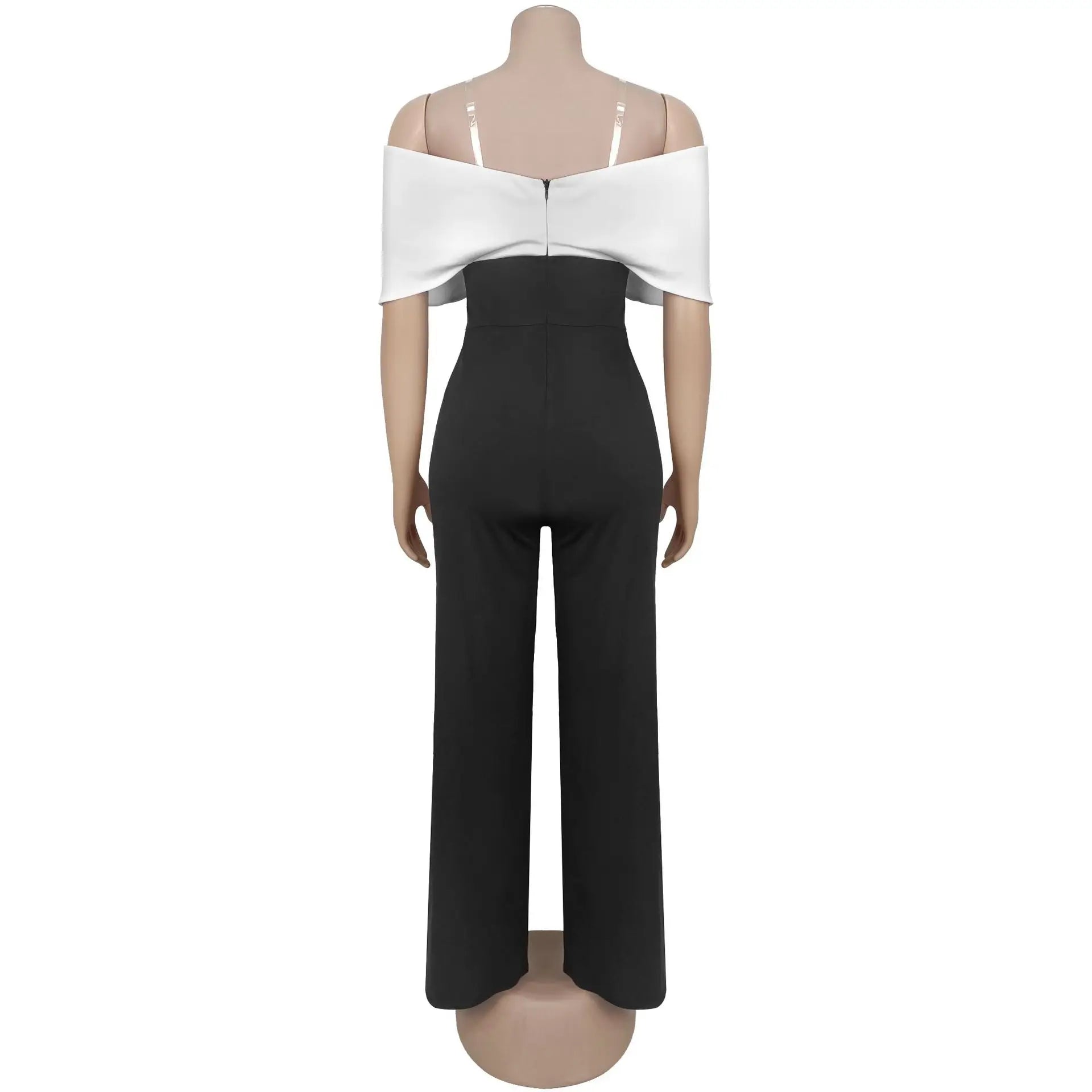 HBLL Women's Off The Shoulder Color-Block Back Zipper Wide Legs Jumpsuits One Piece Outfits Elegant Patchwork Rompers Clubwear.