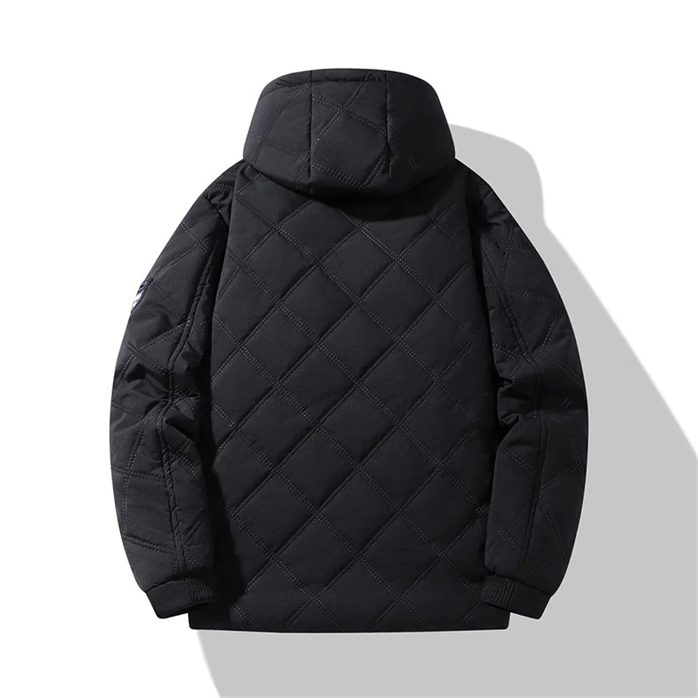 Winter Windproof Thermal Diamond-Pattern Fleece-Lined Thickened Cotton Coat Business Casual Hooded Jacket Fashionable Menswear.