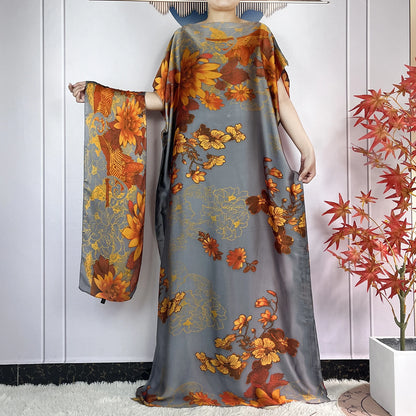 2024 New Dubai Summer Fashion For Women Printed Silk Soft Loose Femme Robe African Islam Maxi Woman Casual Dresses With Turban