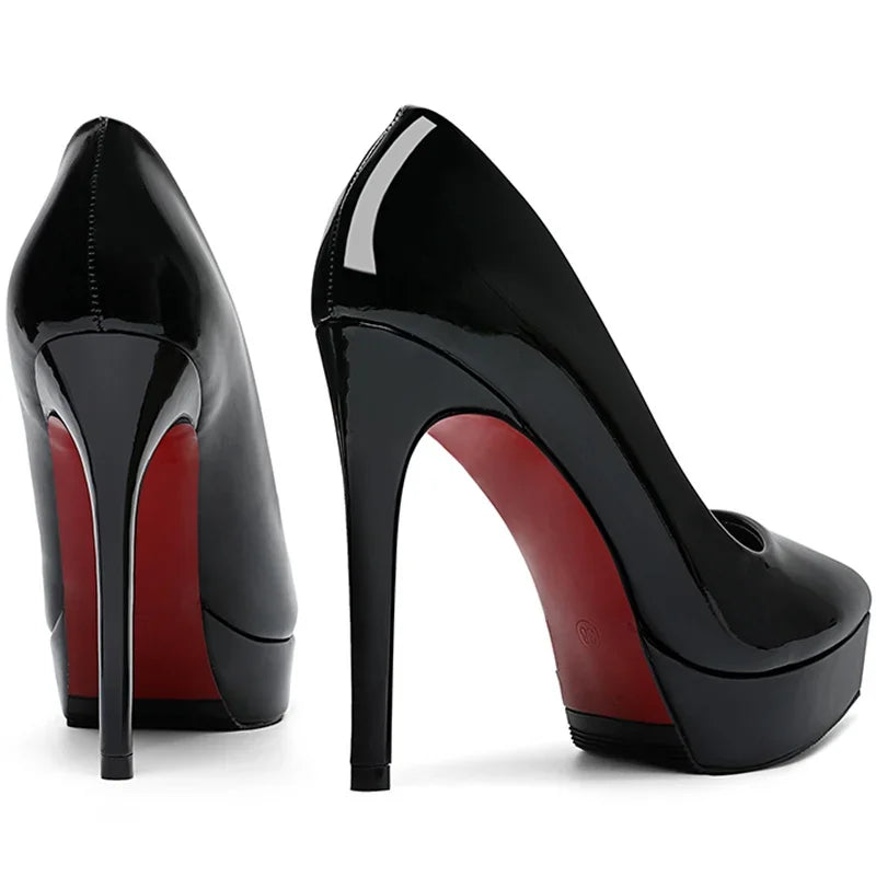 Women Pumps Brand 10CM 12CM Thin High Heels Black PU Slip On Pointed Toe Dress Office Career Party Wedding Waterproof Lady shoes.